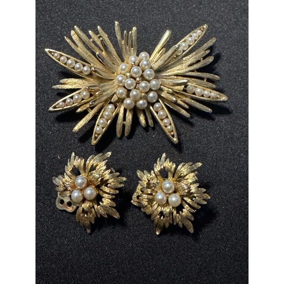 Vintage Liner Signed Mid Century Starburst Brooch, Clip On Earrings (read Desc.) - Picture 2 of 7
